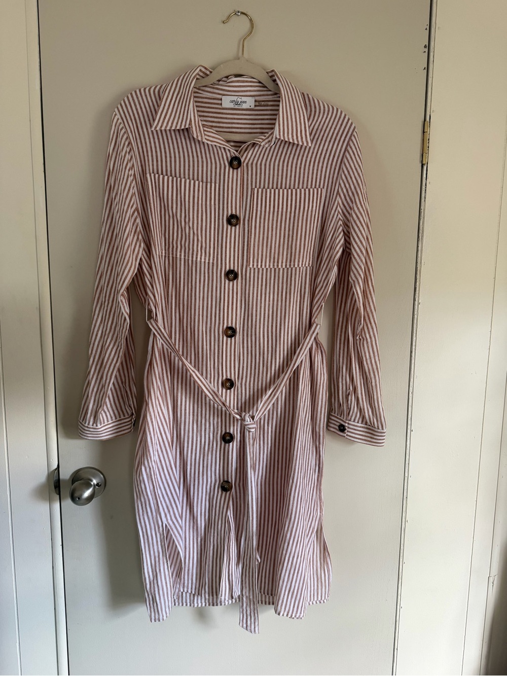 Carly Jean Red and White Striped Button-Front Shirt Dress
